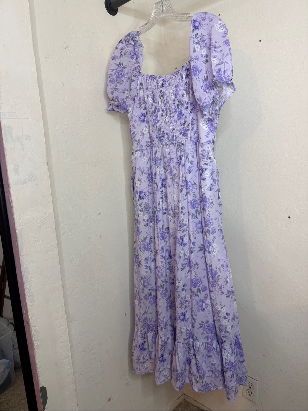 Lavender Floral Puff-Sleeve Maxi chiffon Dress
